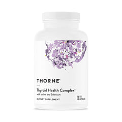 THORNE Thyroid Health Complex bottle front with label, supports energy and metabolism.
