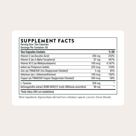 THORNE Thyroid Health Complex bottle side view with capsules for daily thyroid support.