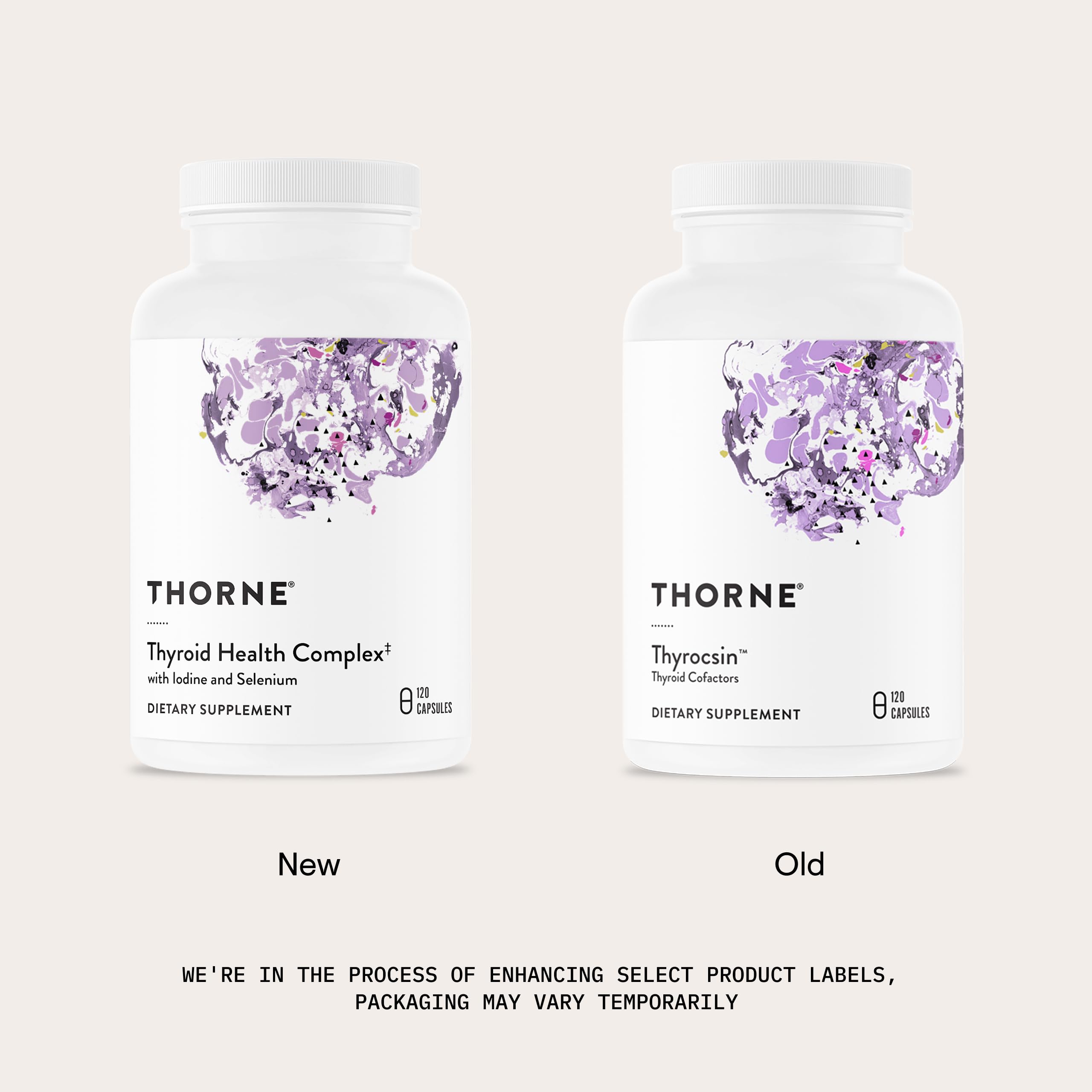 THORNE Thyroid Health Complex label close-up highlighting iodine and tyrosine cofactors.