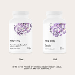 THORNE Thyroid Health Complex label close-up highlighting iodine and tyrosine cofactors.