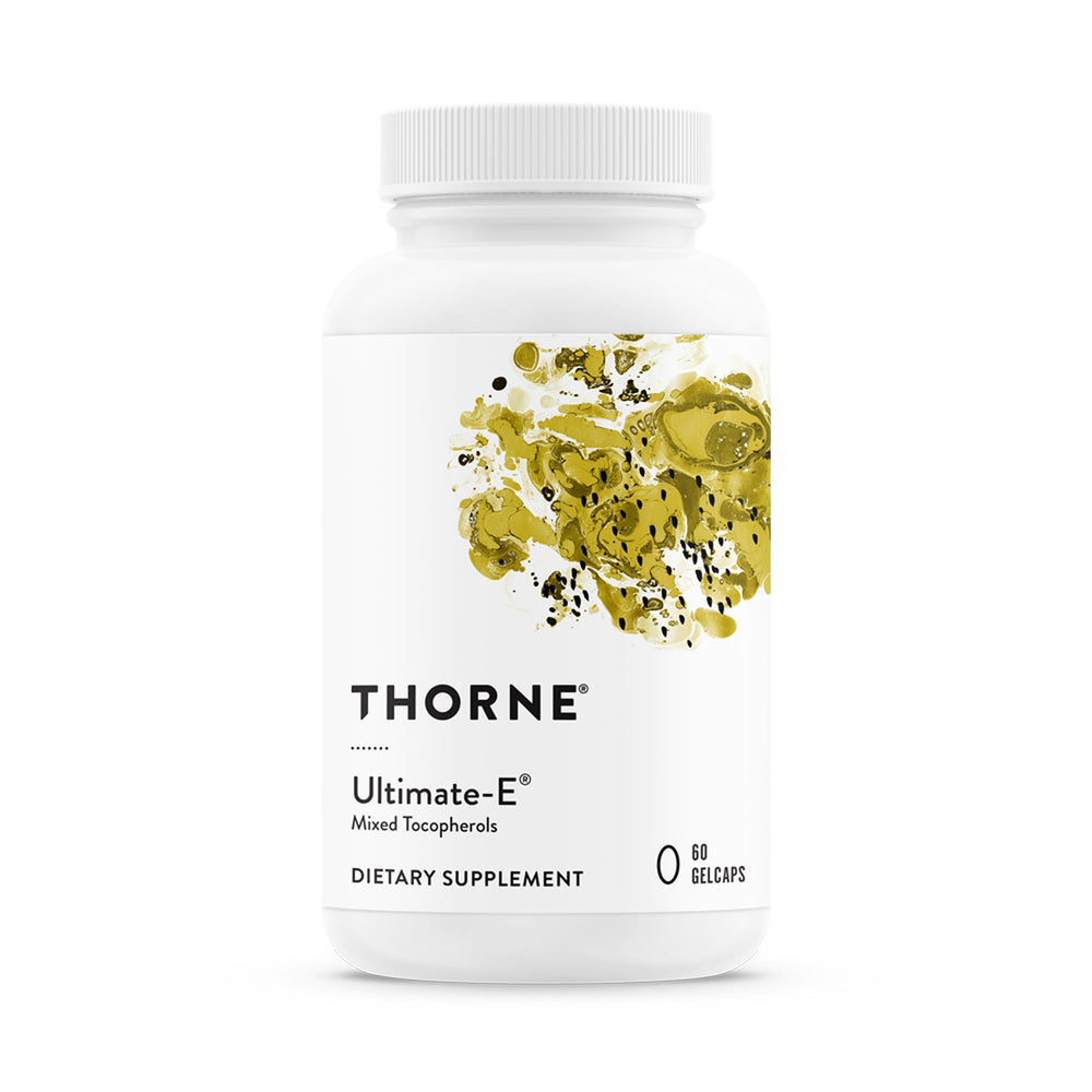 Thorne Ultimate-E bottle front showing natural vitamin E formulation for daily use