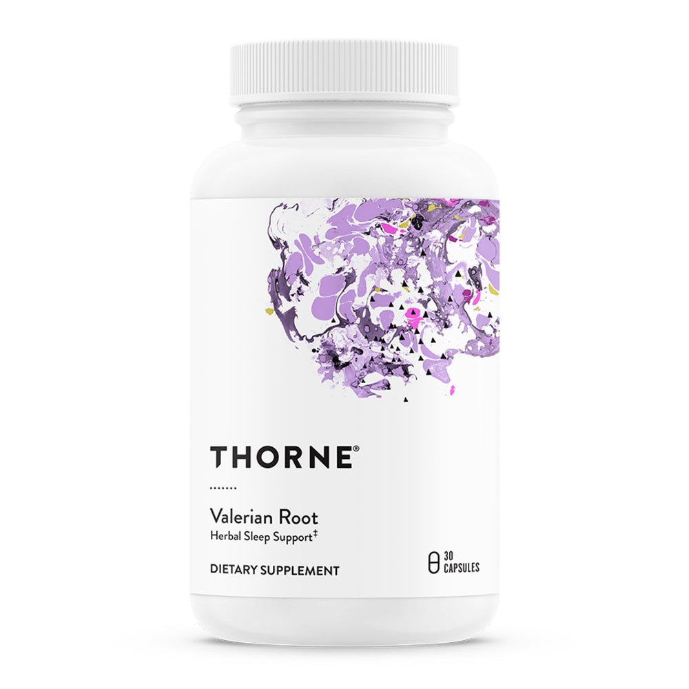 THORNE valerian root bottle for calm evening routines and better sleep.