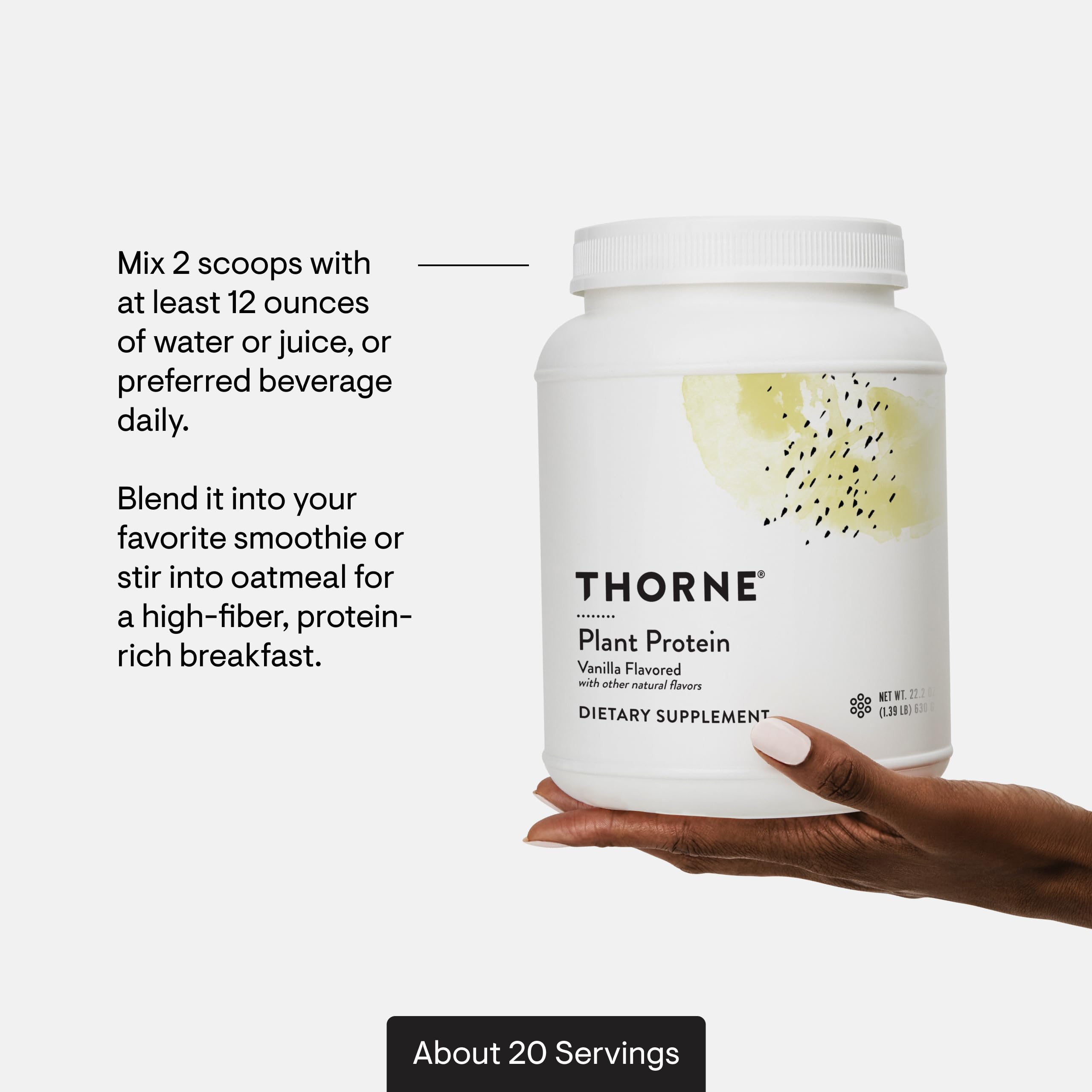 THORNE vegan protein powder bag prepared for shake or bake