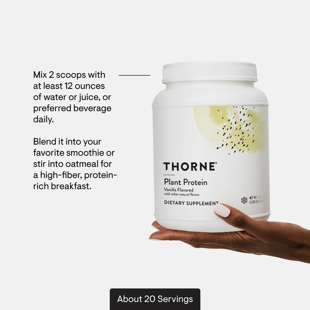THORNE vegan protein powder bag prepared for shake or bake