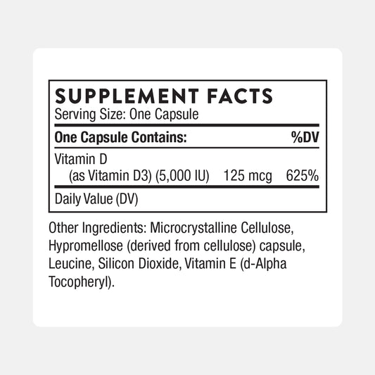 THORNE Vitamin D-5000 bottle back with dosage and supplement details for daily calcium support.
