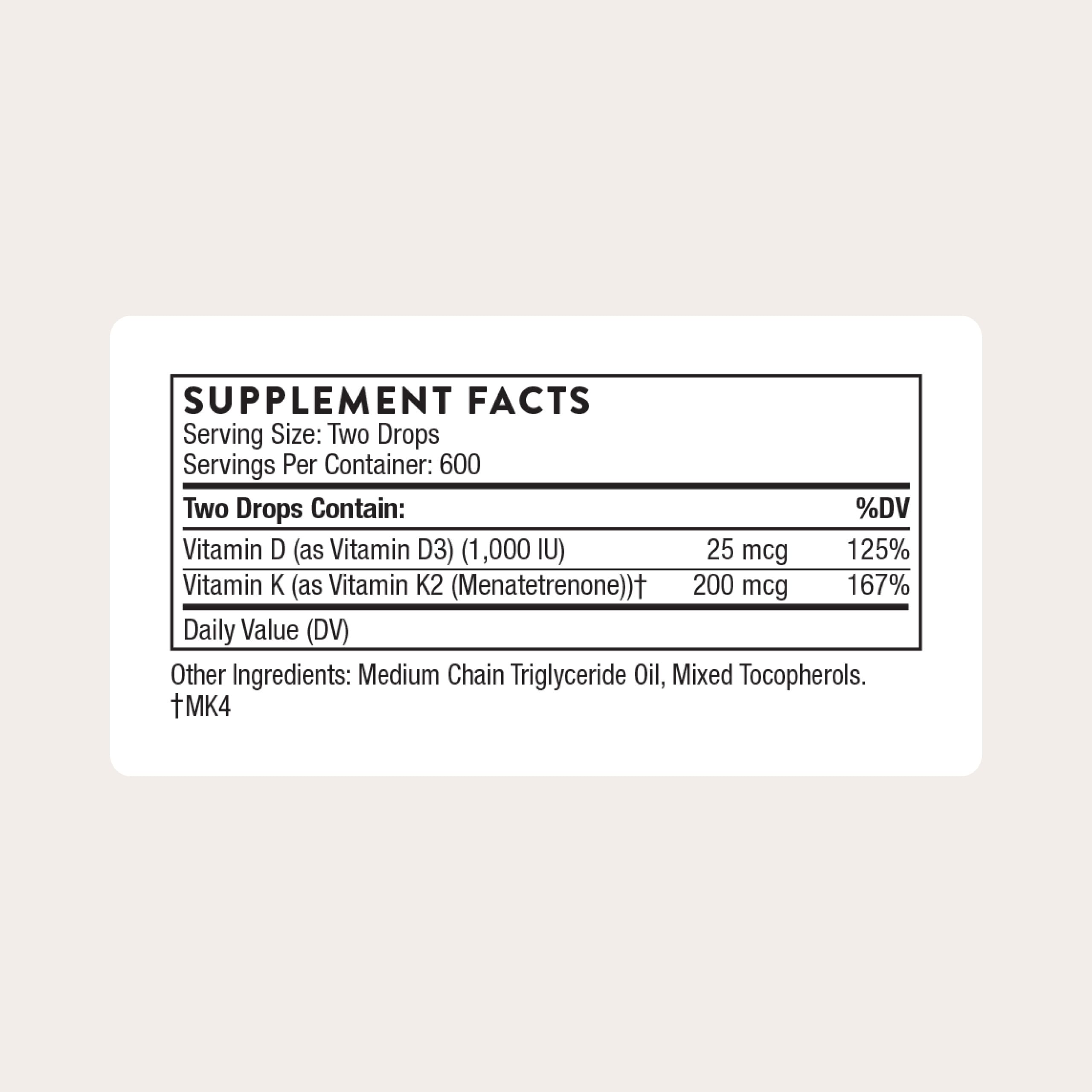 THORNE vitamin d-k2 bottle label highlights D3 and K2 for bone support.