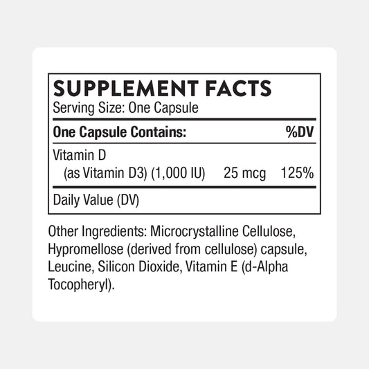 Thorne Vitamin D3 bottle side label detail showing 180 capsules for daily bone health
