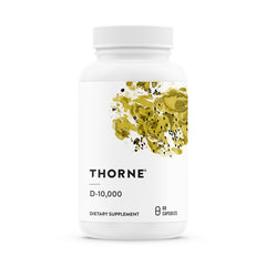 THORNE Vitamin D3 supplement bottle showing 10,000 IU dosage for bone support.