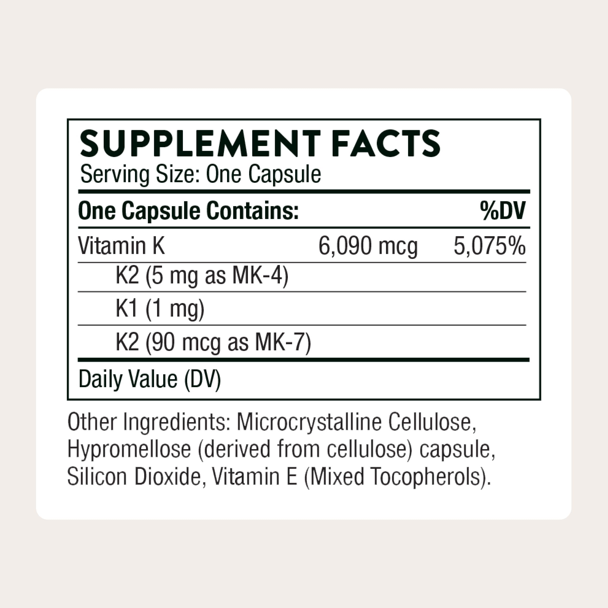 Thorne Vitamin K label closeup shows K1, MK-4 and MK-7 blend for comprehensive support.
