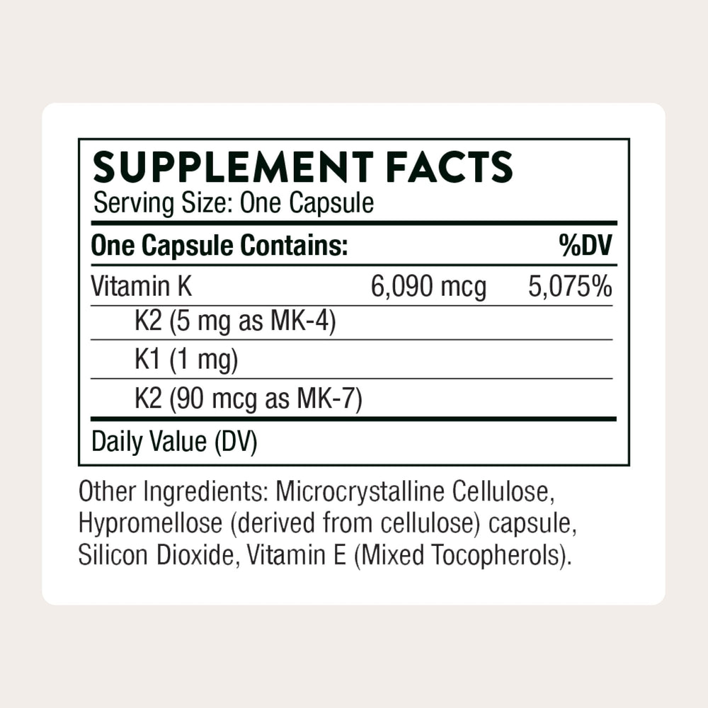 Thorne Vitamin K label closeup shows K1, MK-4 and MK-7 blend for comprehensive support.