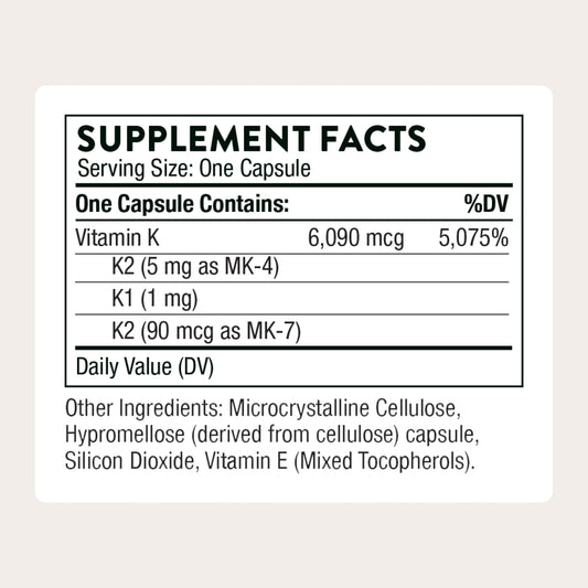 Thorne Vitamin K label closeup shows K1, MK-4 and MK-7 blend for comprehensive support.