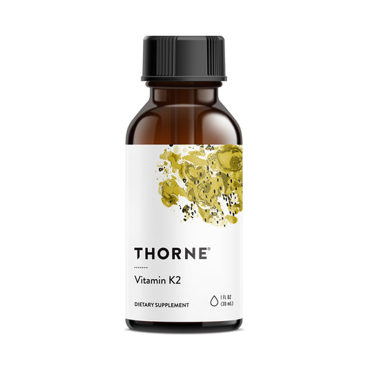 THORNE Vitamin K2 Liquid bottle closeup highlighting premium packaging and ingredient clarity.