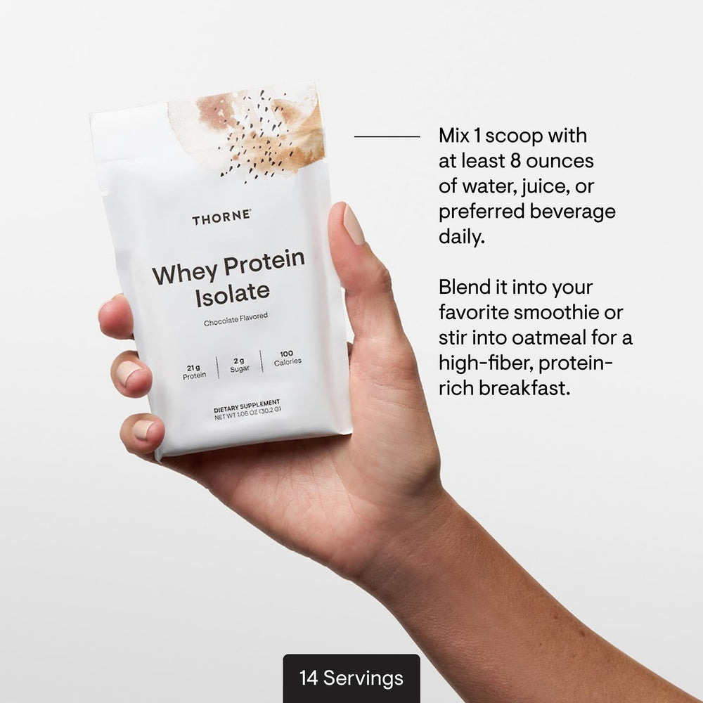 Thorne Whey Protein Isolate chocolate ingredients label noting gluten‑free and soy‑free formula.