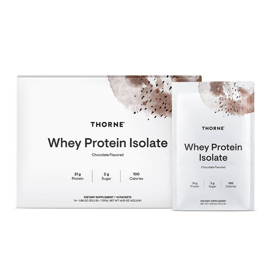 Thorne Whey Protein Isolate chocolate tub front highlighting 21 g protein per serving for lean muscle support.