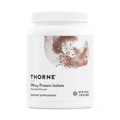 THORNE Whey Protein Isolate chocolate tub shown for post-workout fueling.