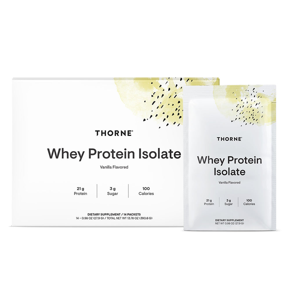 THORNE Whey Protein Isolate vanilla front label highlights clean, high-protein nutrition for daily fueling.