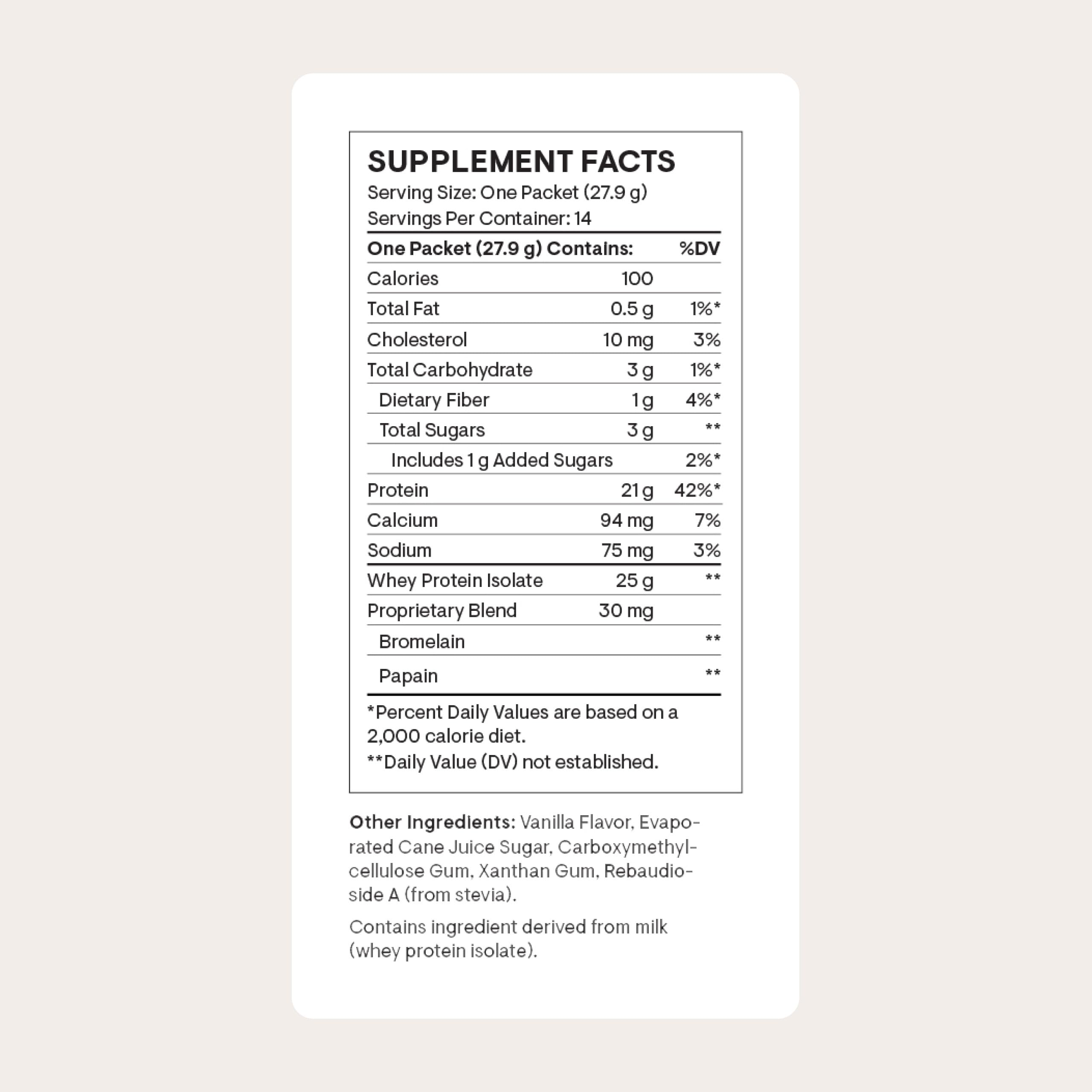 THORNE whey protein isolate vanilla scoop image shows convenient 21 g protein per serving.