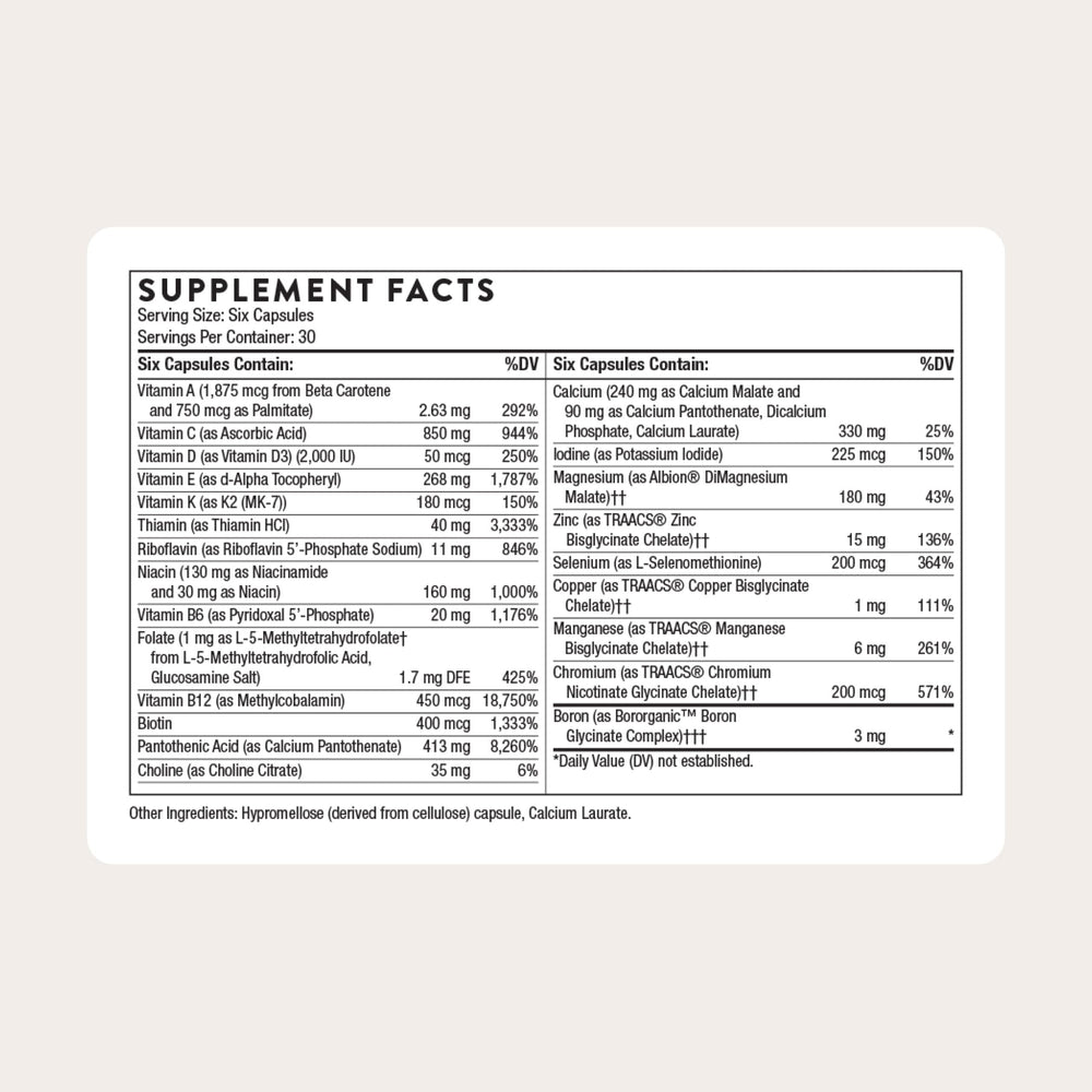 THORNE Women's Multi 50+ label close-up highlighting key vitamins A to K