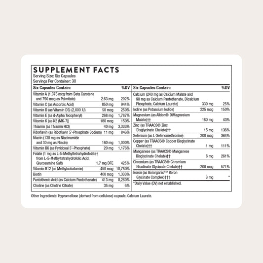 THORNE Women's Multi 50+ label close-up highlighting key vitamins A to K
