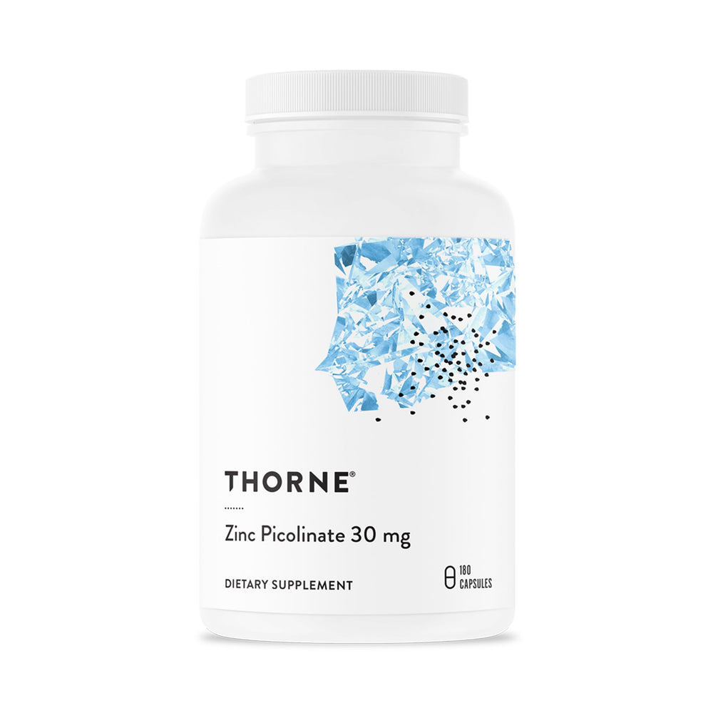 Thorne Zinc Picolinate 30 mg capsules front view for immune support and general wellness.