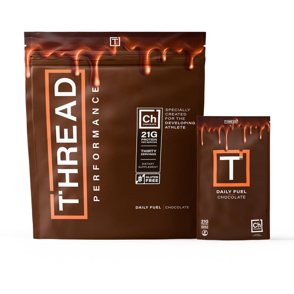 THREAD Performance Daily Fuel can with chocolate brownie flavor for post-workout recovery.