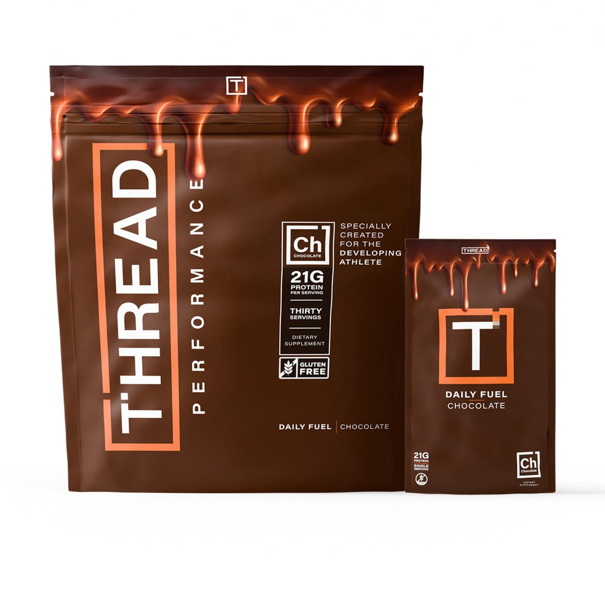 THREAD Performance Daily Fuel can with chocolate brownie flavor for post-workout recovery.