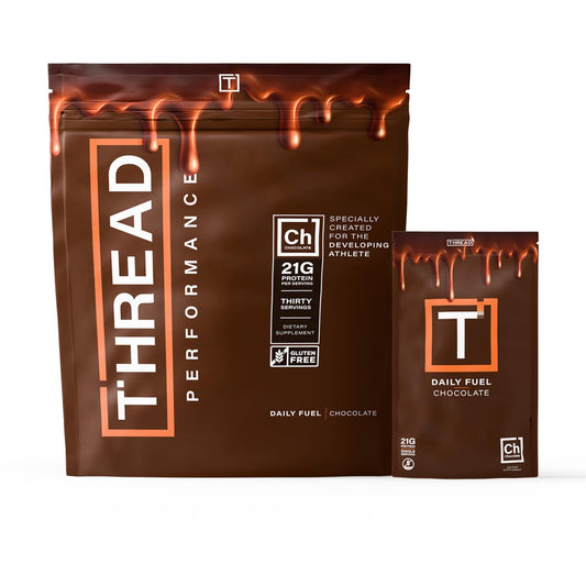 THREAD Performance Daily Fuel can with chocolate brownie flavor for post-workout recovery.