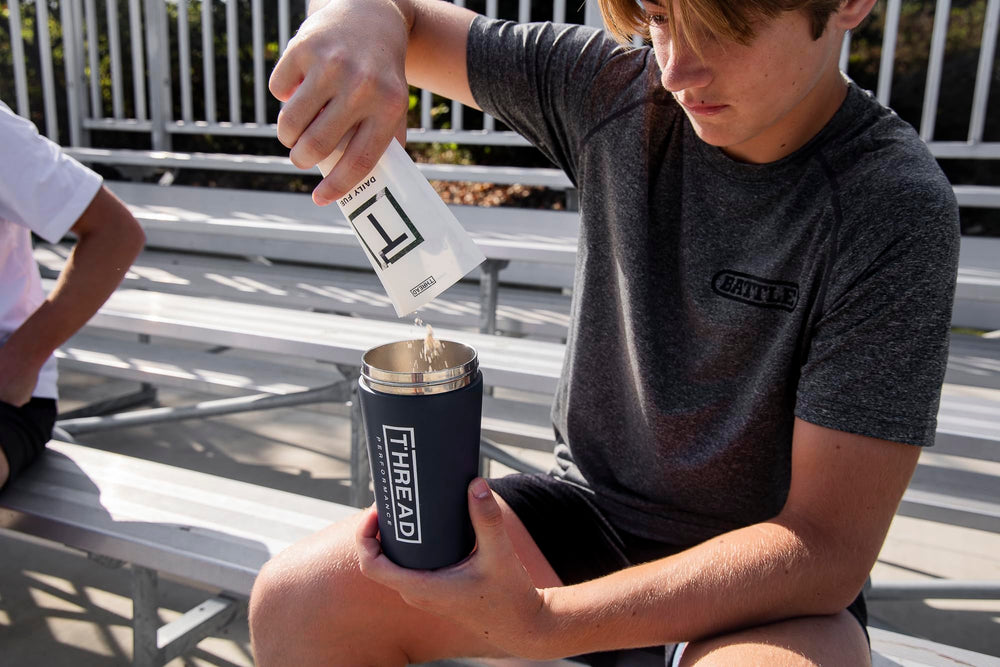 THREAD Performance Daily Fuel vanilla birthday cake nutrition label shows protein and vitamins.