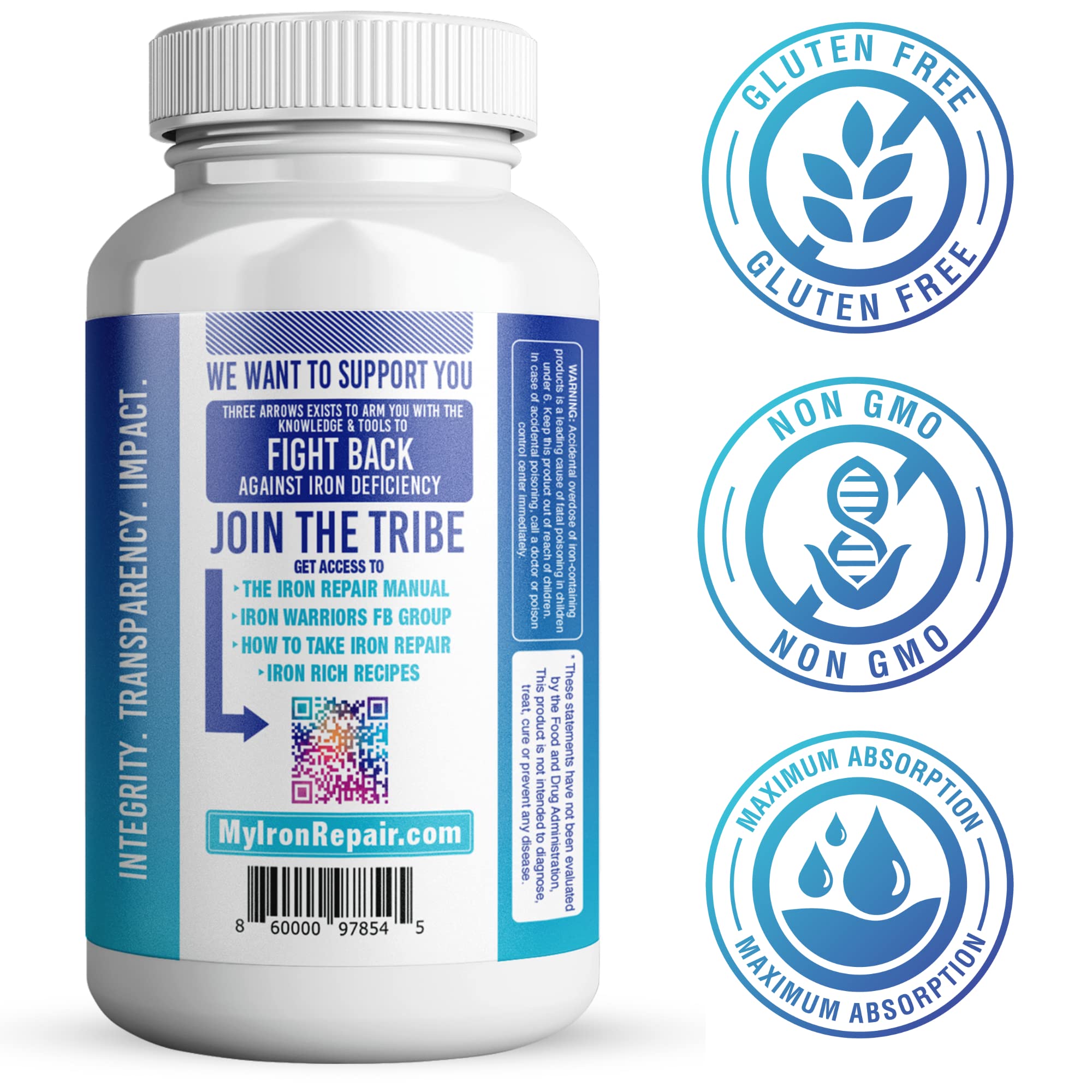 Three Arrows Iron Repair capsules pictured to convey gentle on stomach formulation.