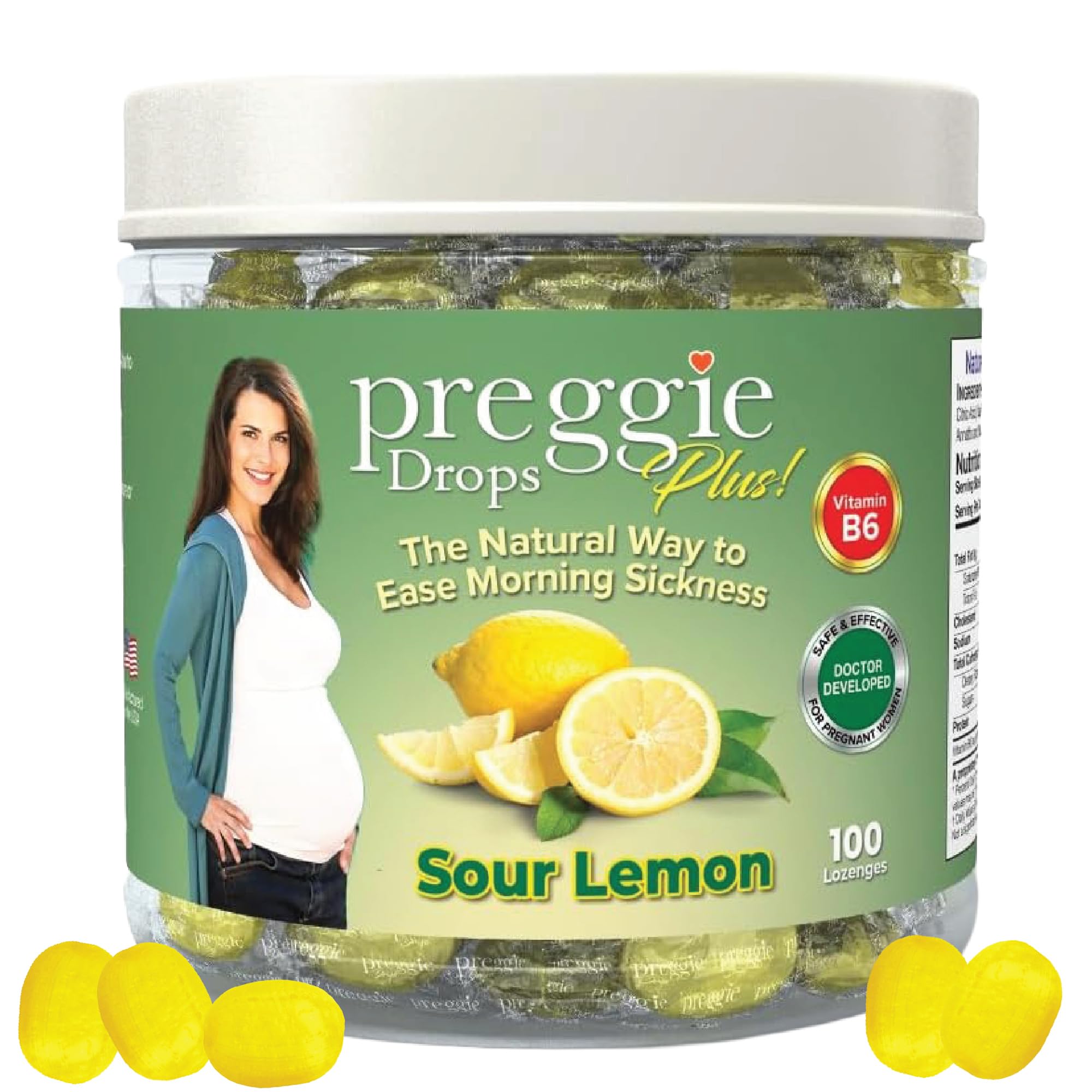 Three Lollies Preggie Drops Plus bottle showing refreshing sour lemon flavor and convenient packaging