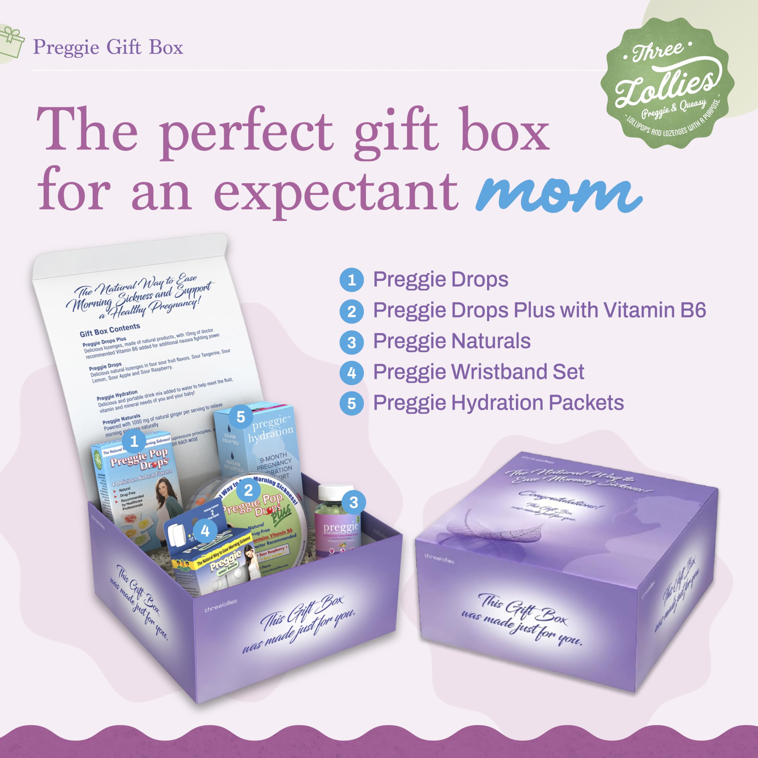 Three Lollies Preggie lozenges packaging with vitamin B6 and essential oils for nausea support