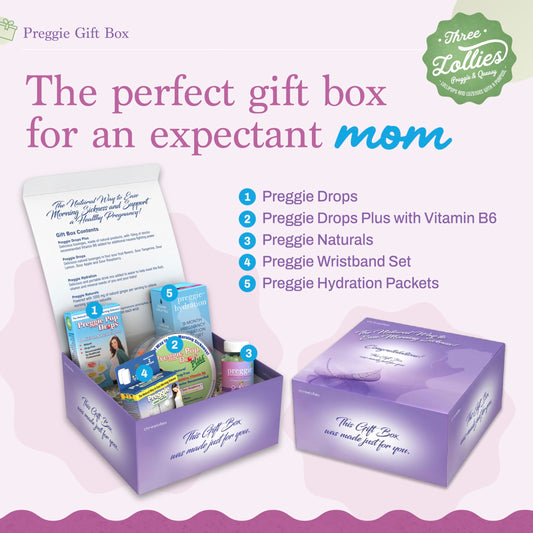 Three Lollies Preggie lozenges packaging with vitamin B6 and essential oils for nausea support