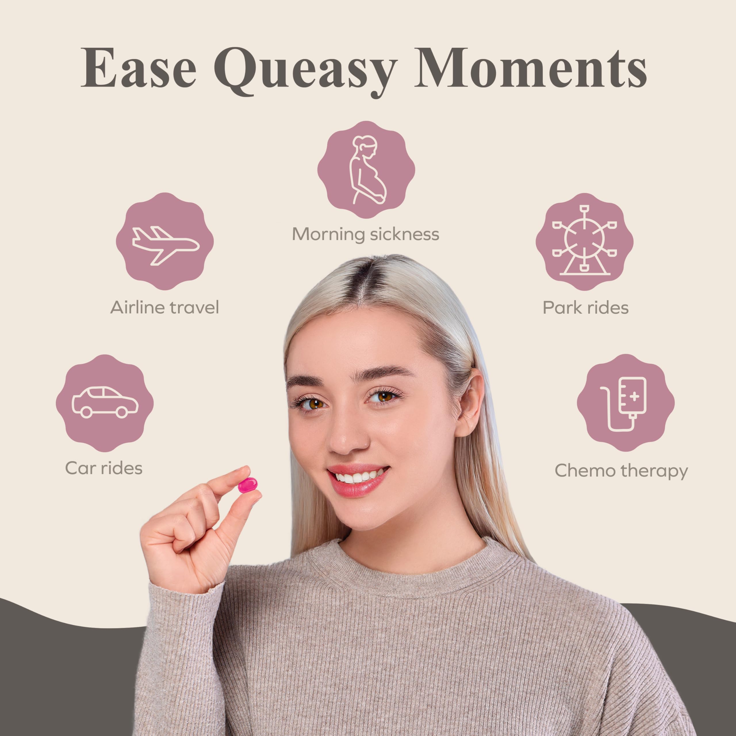 Three Lollies Queasy Drops ginger-flavor close-up suggests soothing stomach calm