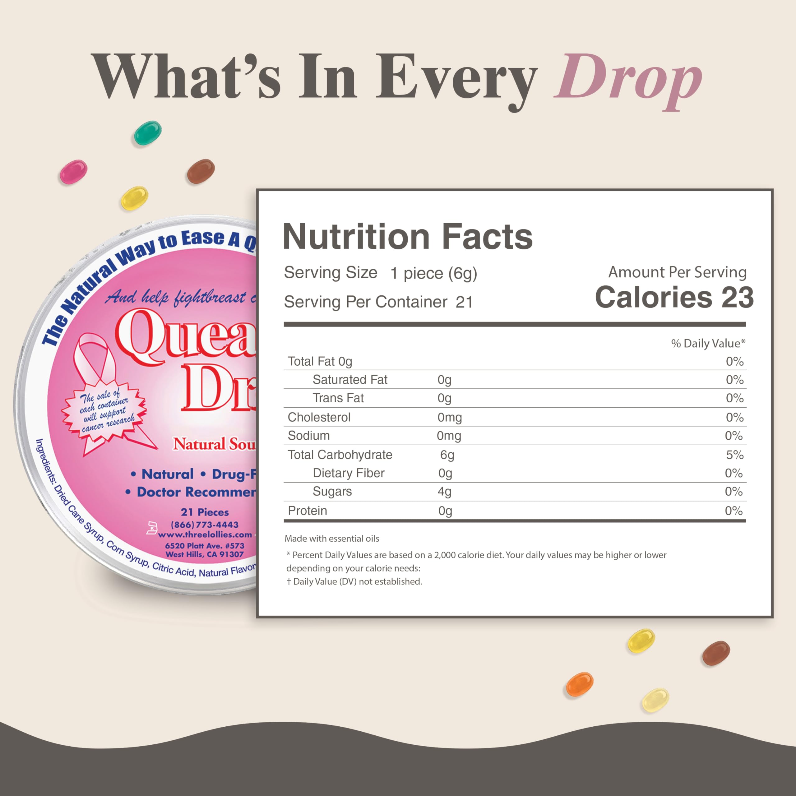 Three Lollies Queasy Drops individual wrappers keep lozenges fresh during trips.