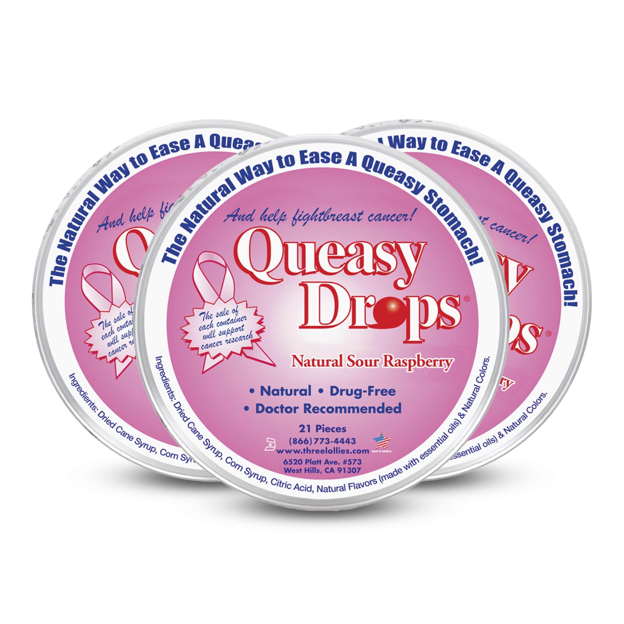 Three Lollies Queasy Drops packaging for travel relief from motion sickness.