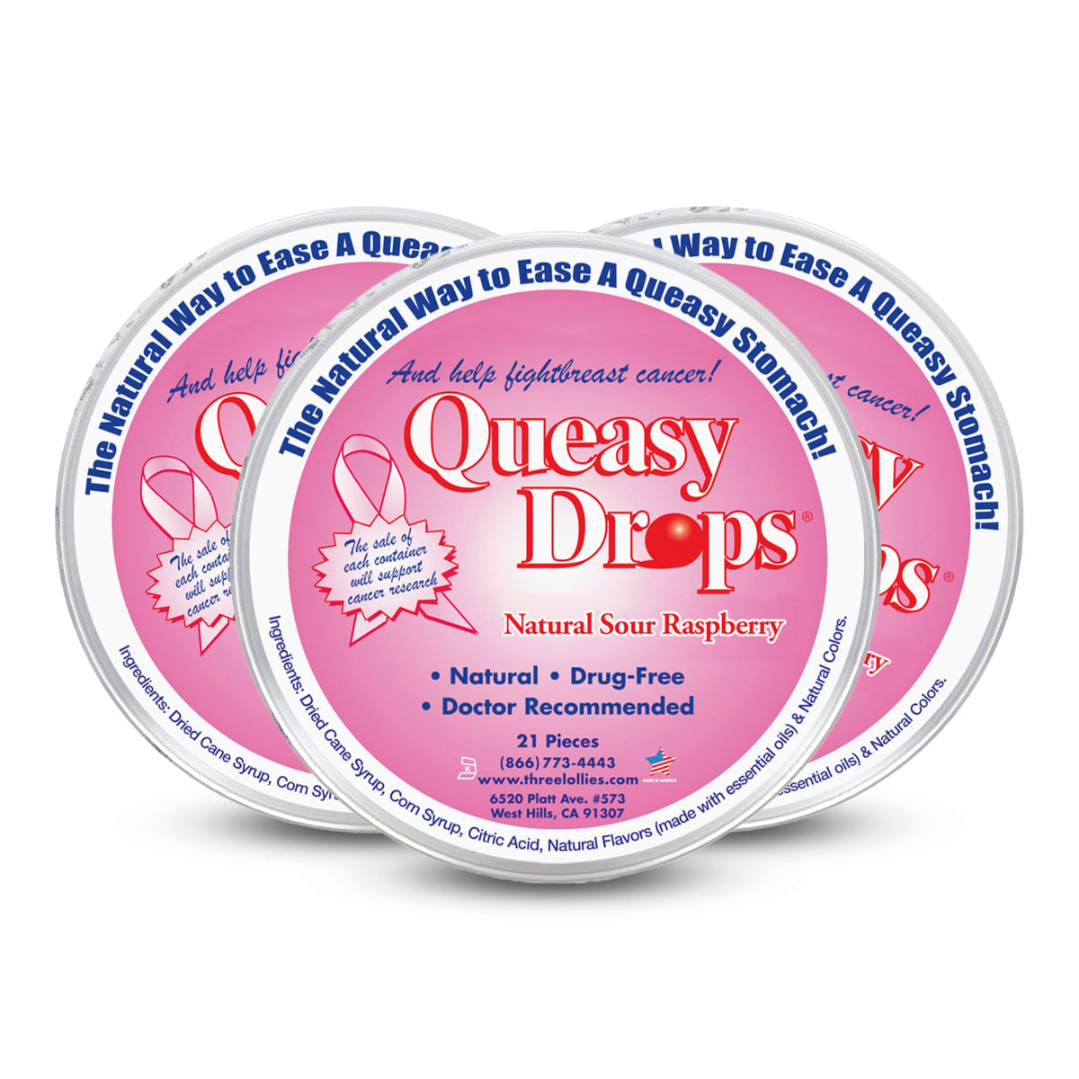 Three Lollies Queasy Drops packaging for travel relief from motion sickness.