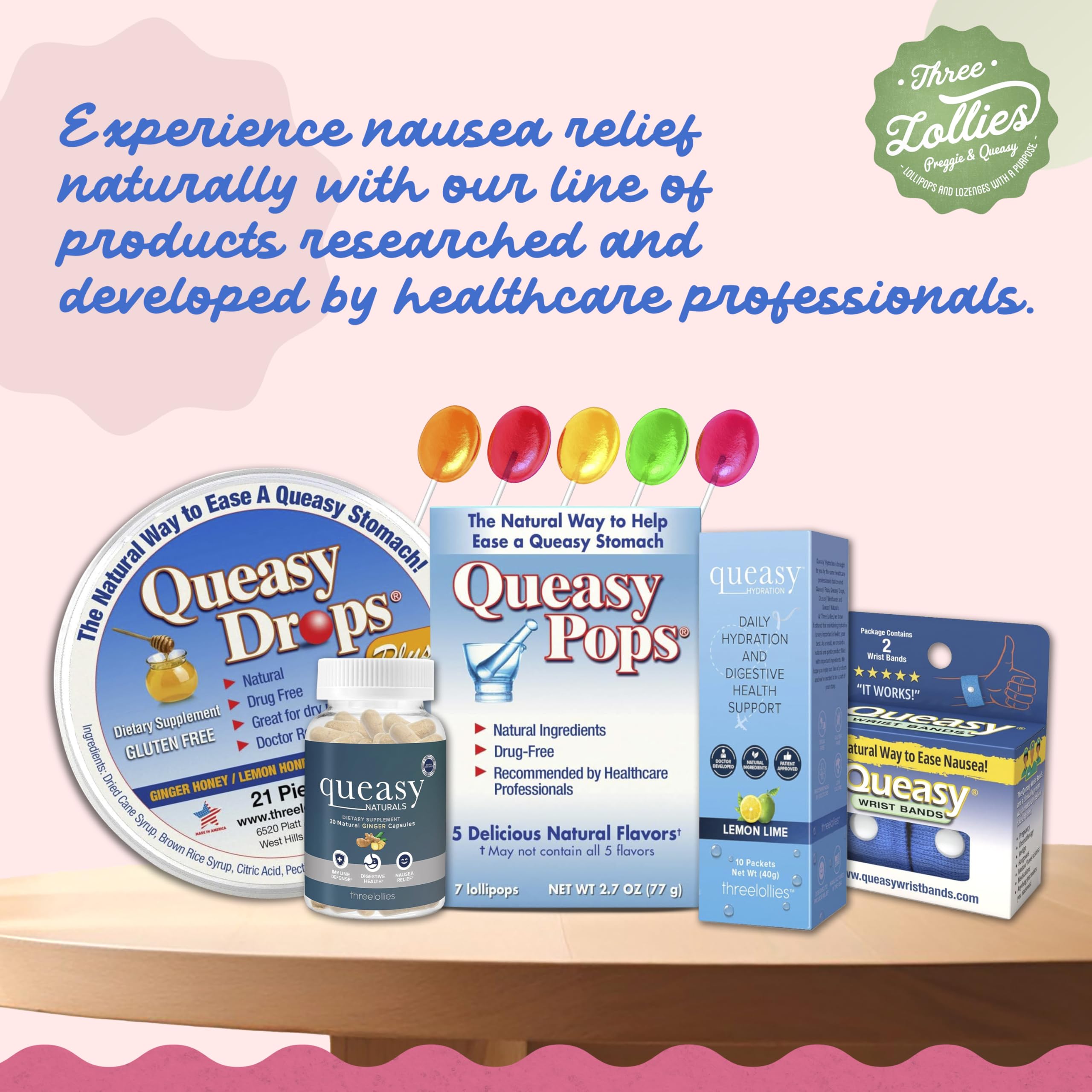 Three Lollies Queasy Hydration with ginger and peppermint ingredients for stomach comfort.