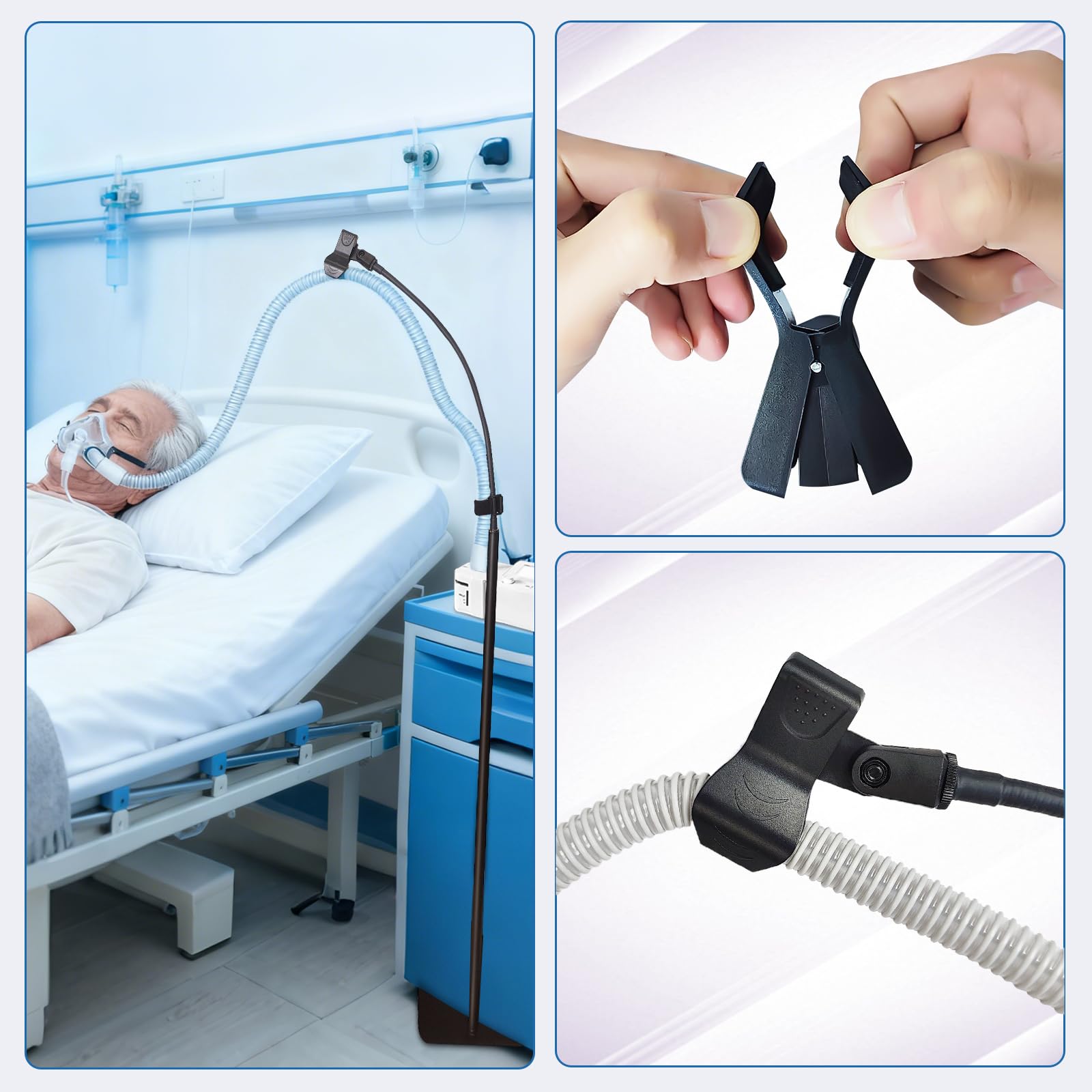 ThreeDokke CPAP hose holder offers adjustable height for personalized setups.