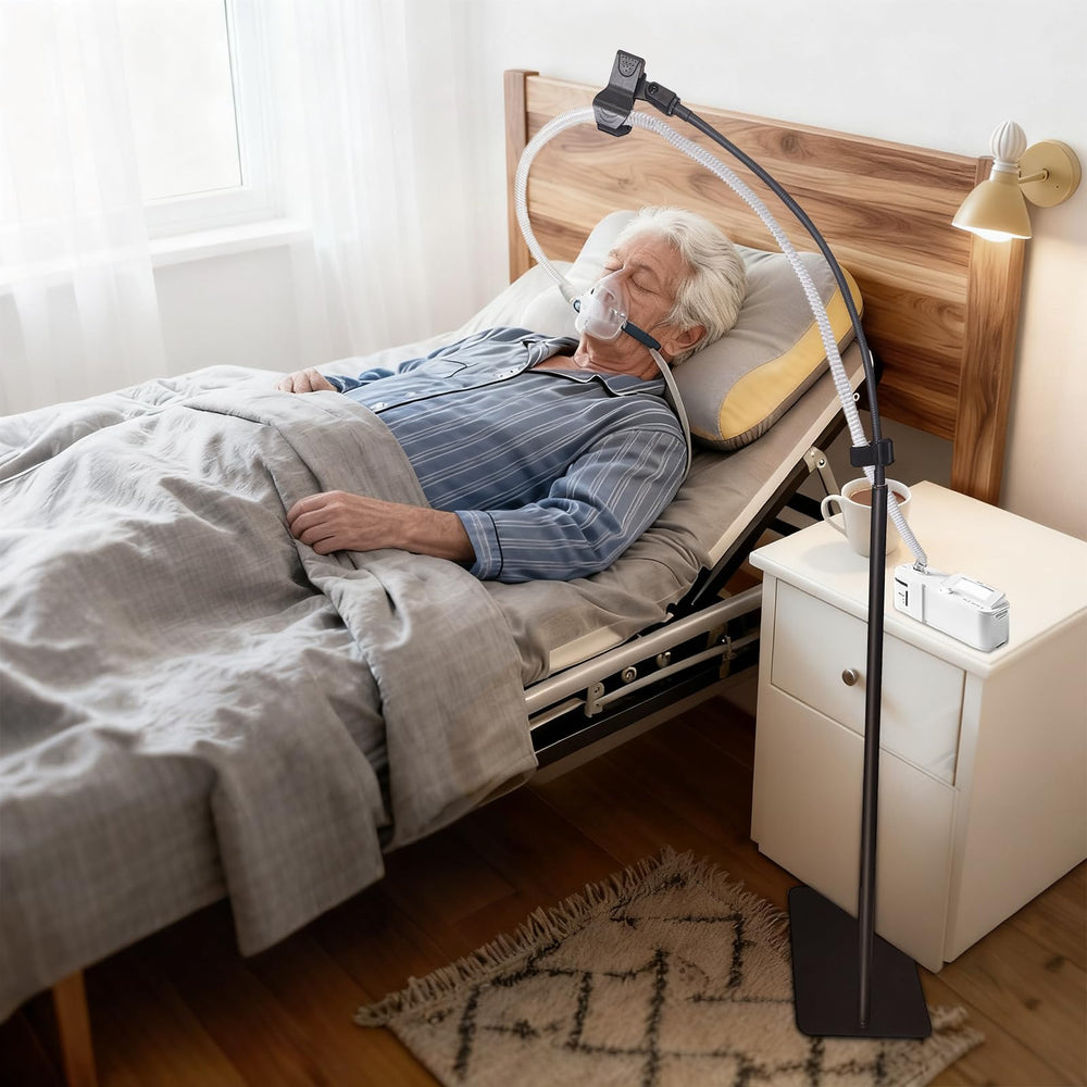 ThreeDokke CPAP hose holder with a bed swivel arm for a stable setup.