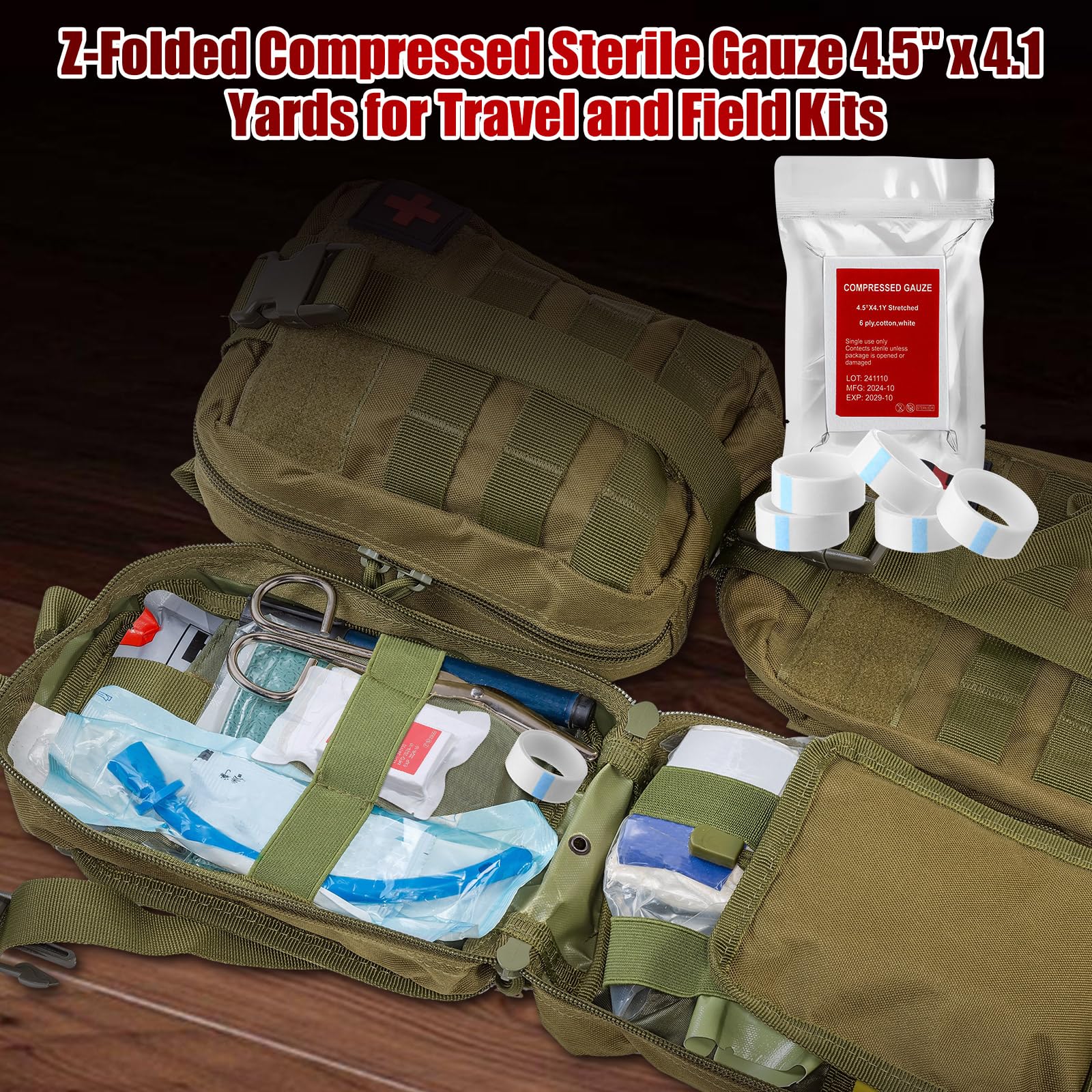 Threlaco emergency wound dressing setup shows compact, versatile trauma supplies.