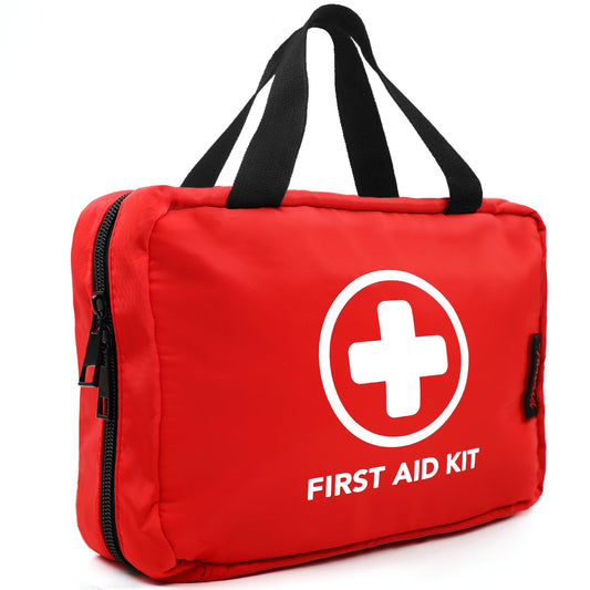 THRIAID 330-piece first aid kit in a compact bag for home or car.
