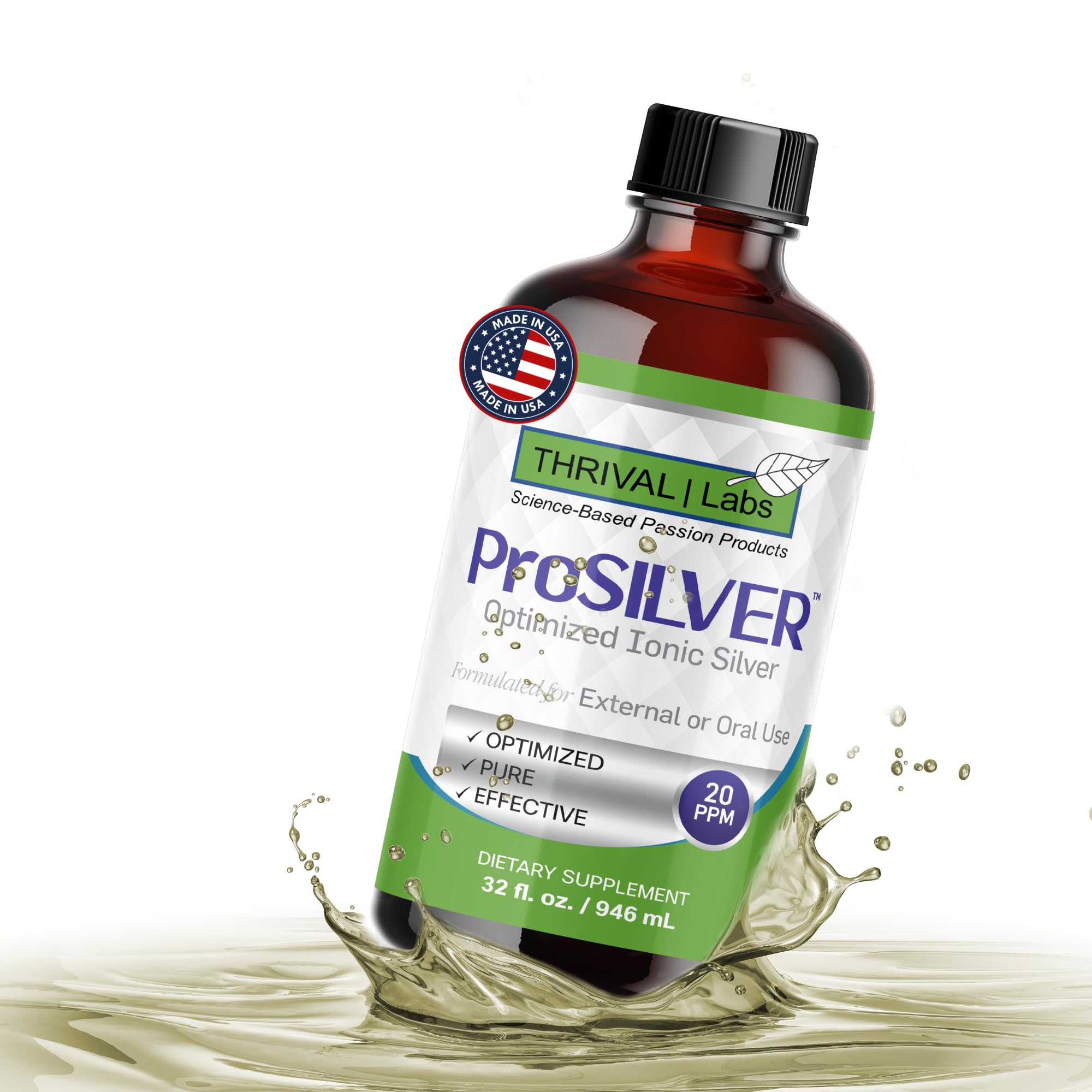 Thrival Labs ionic colloidal silver 20ppm in amber bottle, easy pour for daily use.