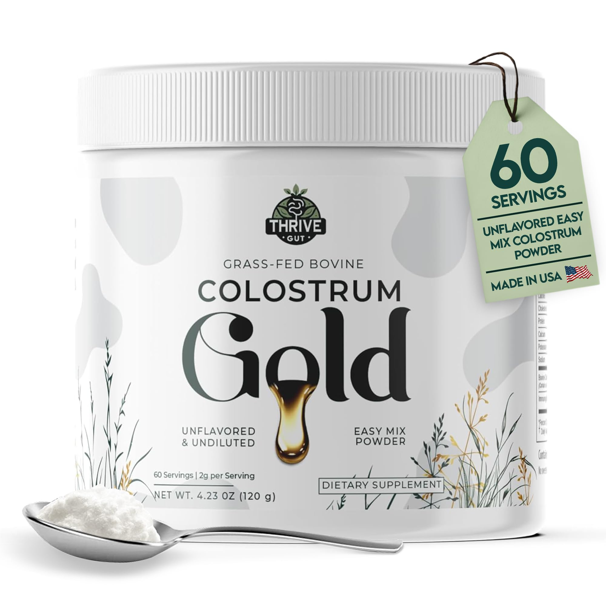 ThriveGut Colostrum Gold bottle with label highlighting premium grass-fed formula for daily wellness