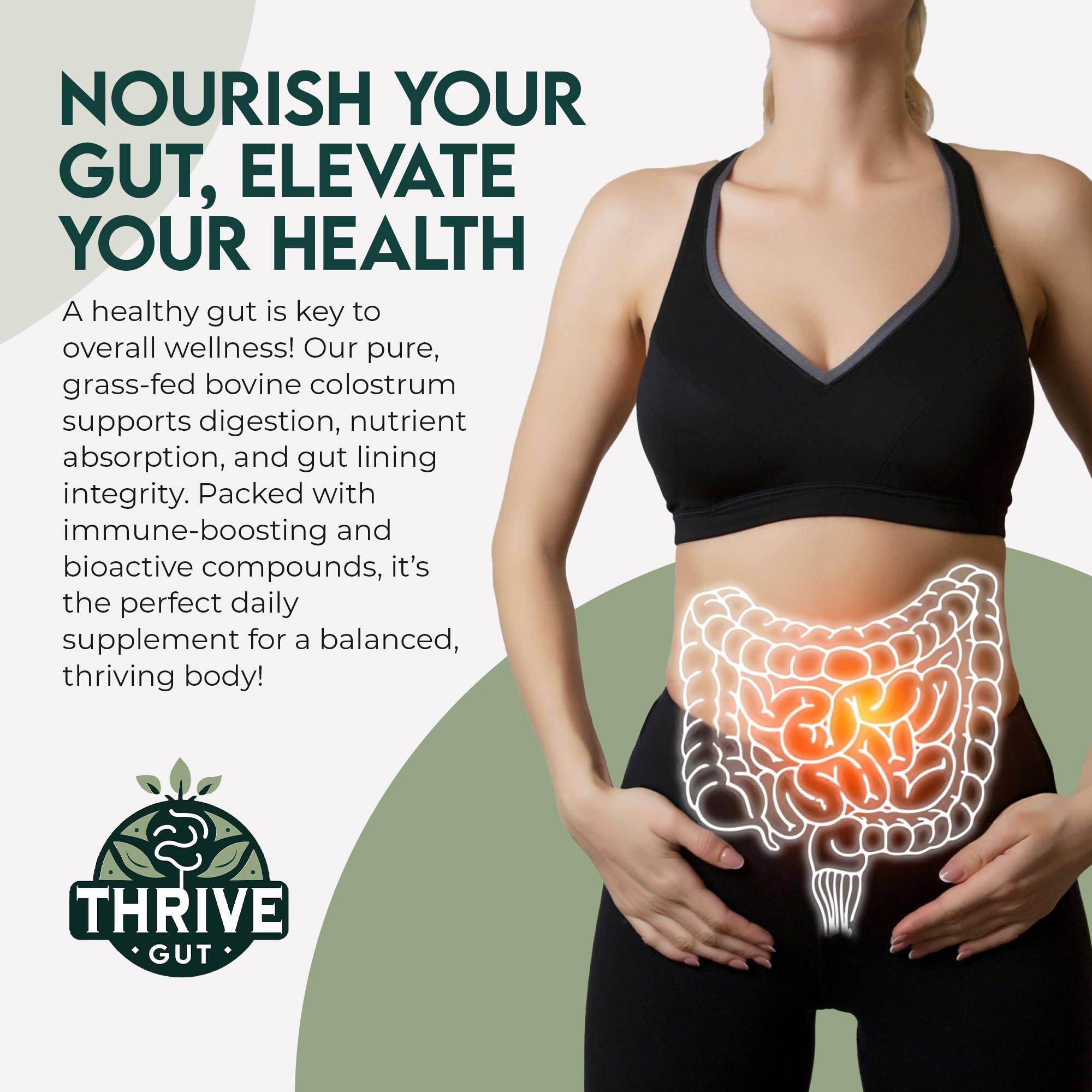 ThriveGut Colostrum Gold glass jar on kitchen counter implies easy storage