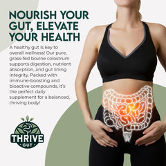 ThriveGut Colostrum Gold glass jar on kitchen counter implies easy storage