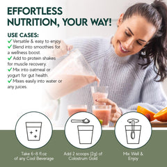 ThriveGut Colostrum Gold label detail highlights unflavored premium formula