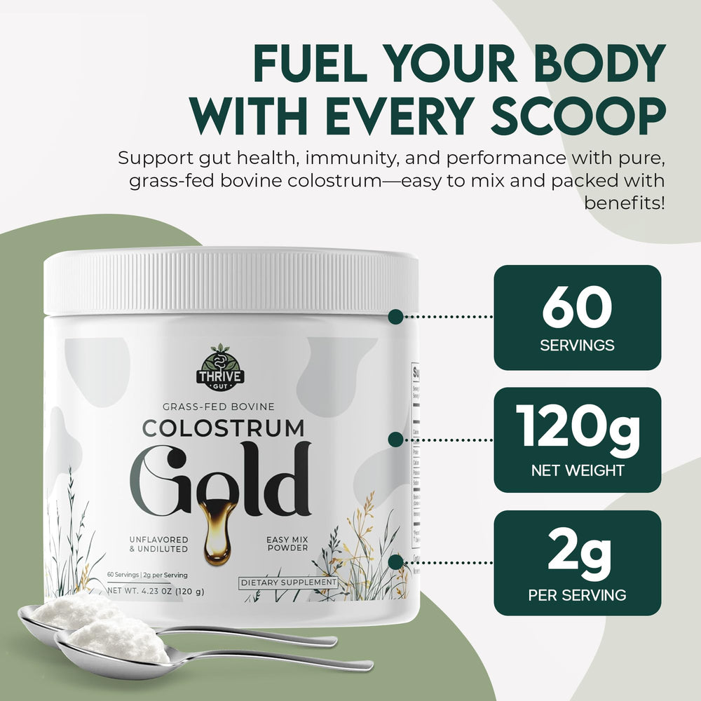 ThriveGut Colostrum Gold pour into glass showing unflavored, pure supplement ready to mix