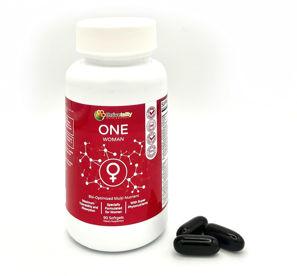 Thrivetality Nutriscience ONE Woman bottle closeup with easy-to-swallow capsules.