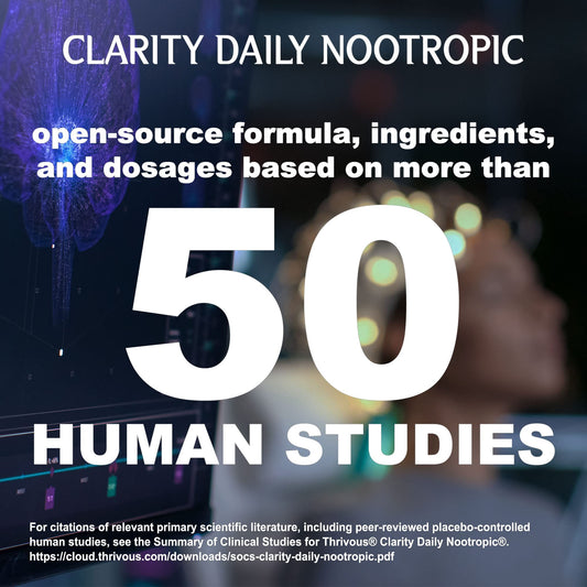 Thrivous Clarity label close-up highlighting Synapsa Bacopa for mood and focus.