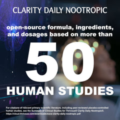 Thrivous Clarity label close-up highlighting Synapsa Bacopa for mood and focus.
